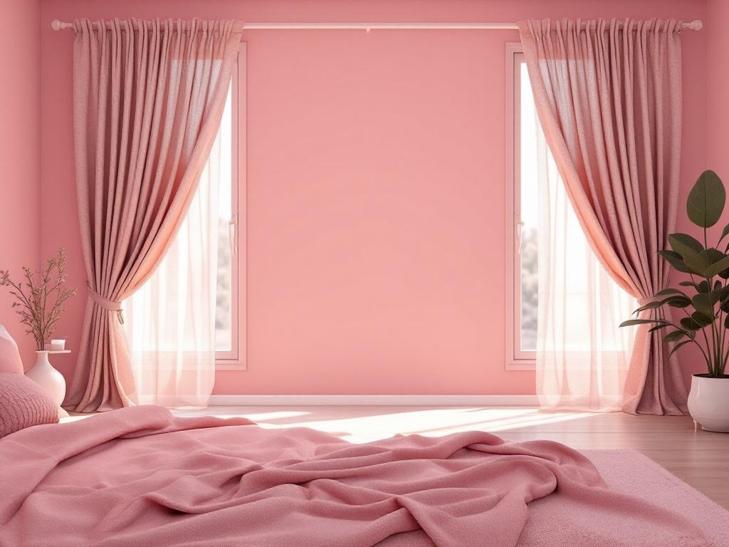 A cozy bedroom with earthy pink walls, soft pink curtains, and a potted plant by the window.