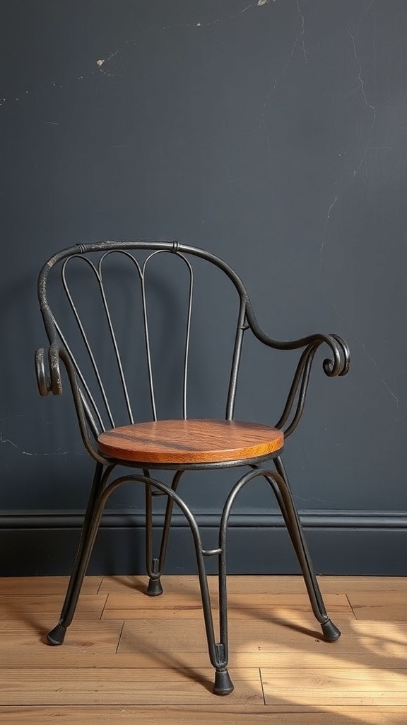 A rustic chair with an iron frame and wooden seat against a dark wall.