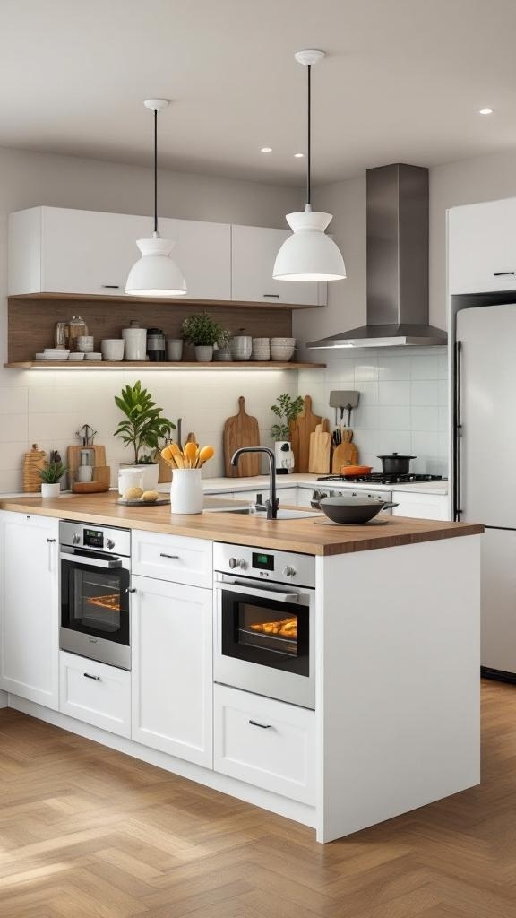 A modern kitchen island with built-in appliances, featuring two ovens and a cooktop, surrounded by a warm wooden countertop.