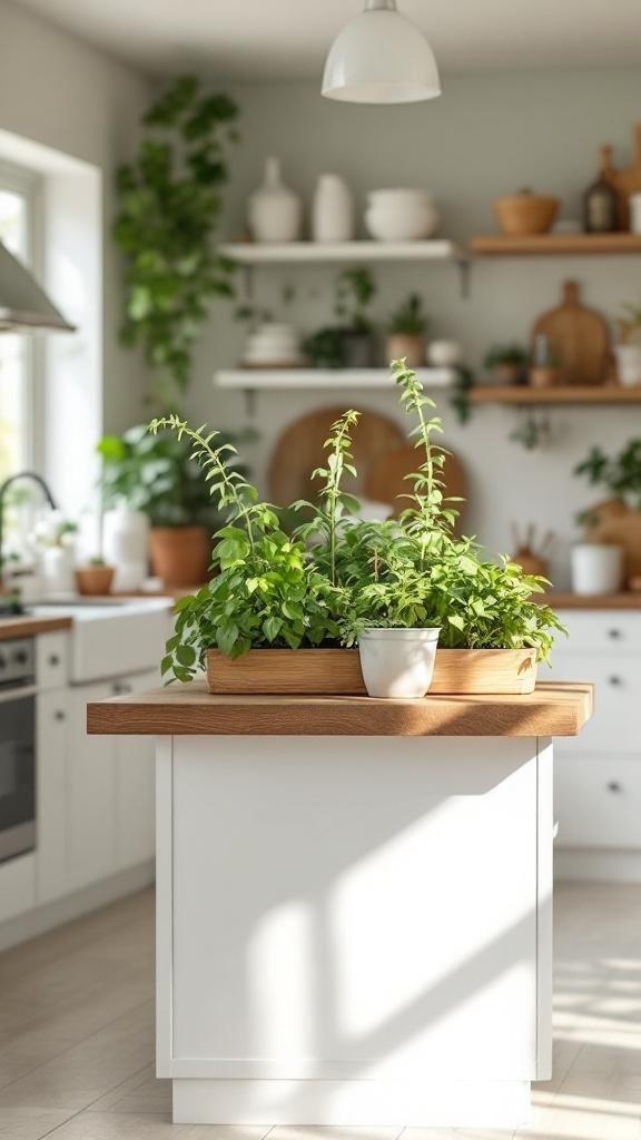 A small kitchen island with a wooden herb planter filled with fresh herbs, surrounded by a bright and airy kitchen.