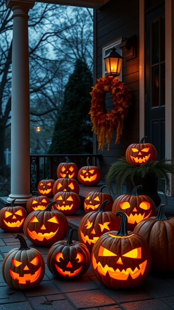 A collection of carved jack-o'-lanterns glowing on a porch, showcasing various expressions, with a wreath in the background.