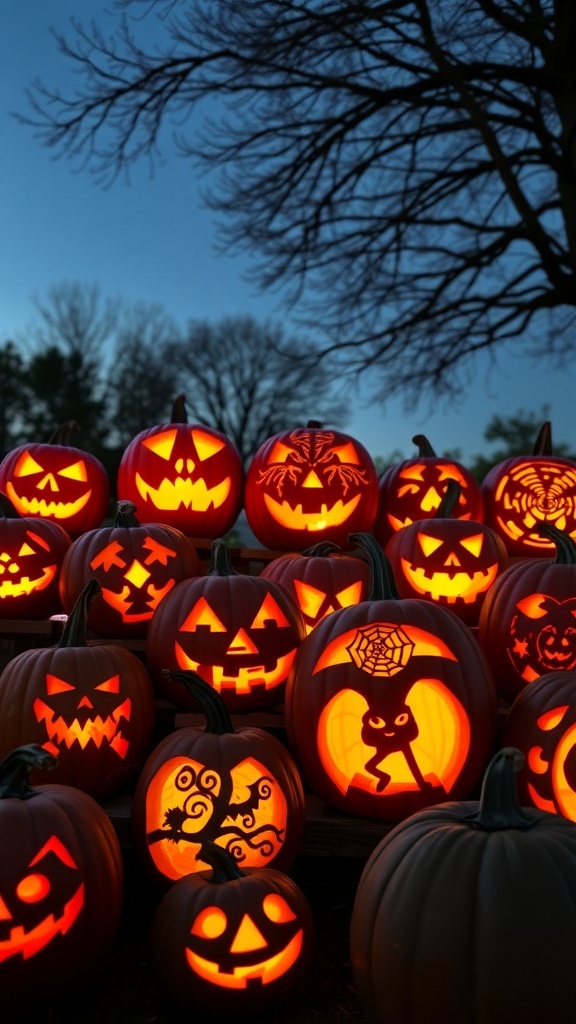 A collection of creatively carved jack-o'-lanterns glowing in the dark