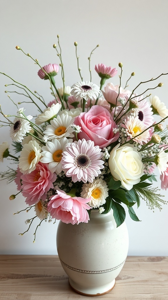A floral arrangement featuring pink roses, daisies, and white flowers in a vase.