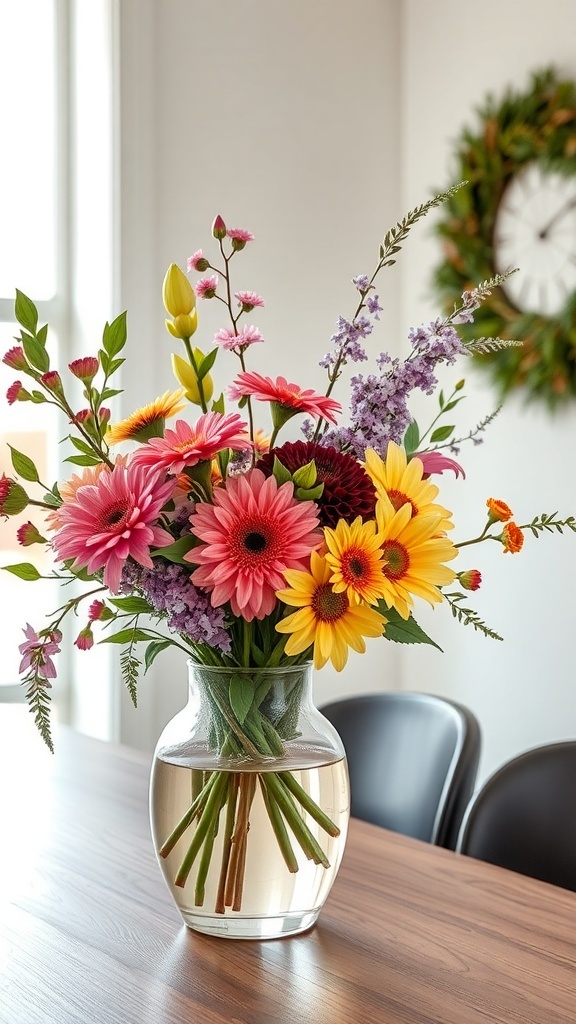 A vibrant flower arrangement featuring sunflowers, gerbera daisies, and other colorful blooms in a clear vase.