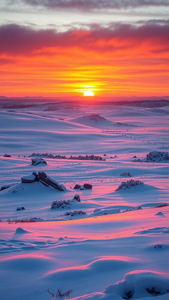 A beautiful January sunset over a snowy landscape with vibrant orange and pink hues in the sky.