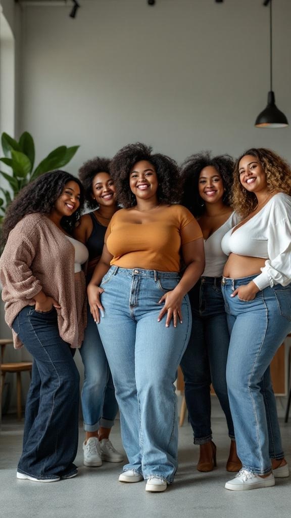 A group of five women of diverse body types smiling and wearing different styles of jeans in a bright indoor setting.