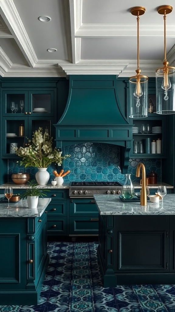 A luxurious kitchen featuring deep teal cabinets, a hexagonal tile backsplash, and marble countertops.
