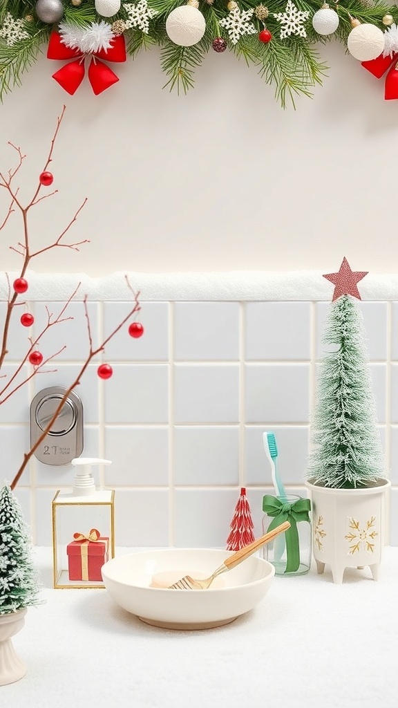 A festive bathroom scene with Christmas decorations including mini trees, a gift box, and holiday-themed accessories.