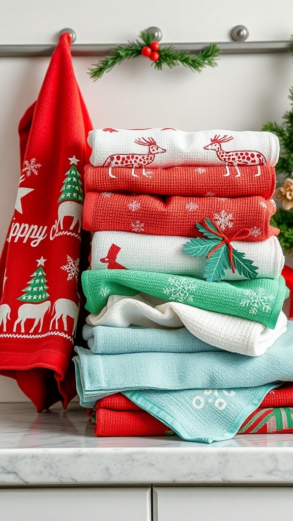 A stack of colorful Christmas kitchen towels and linens featuring festive designs.