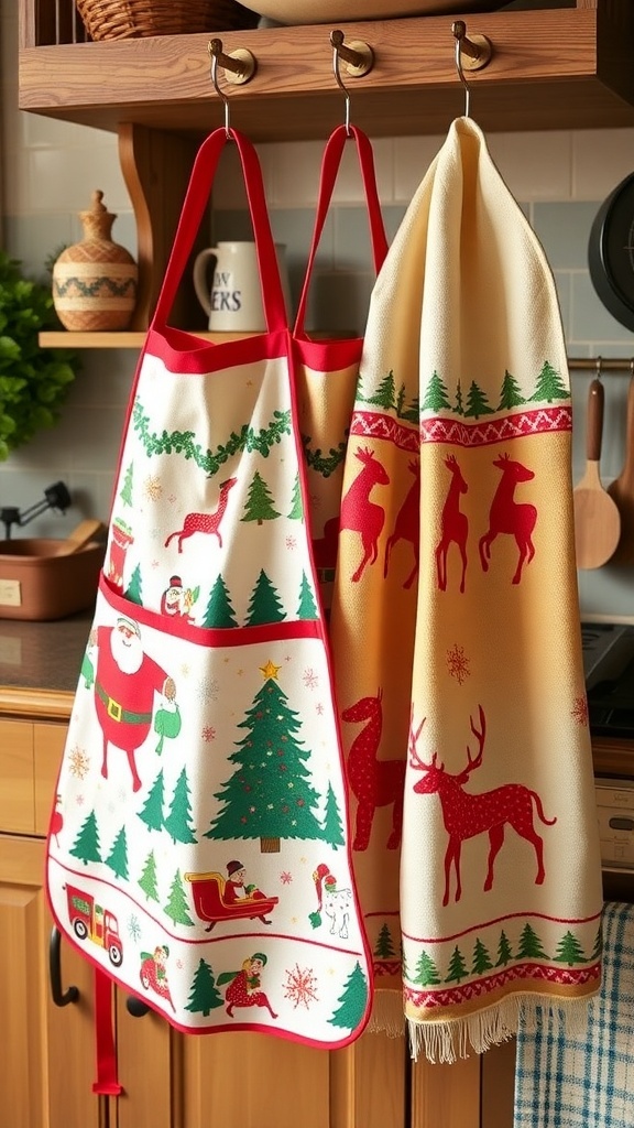 Colorful Christmas aprons and towels hanging in a kitchen