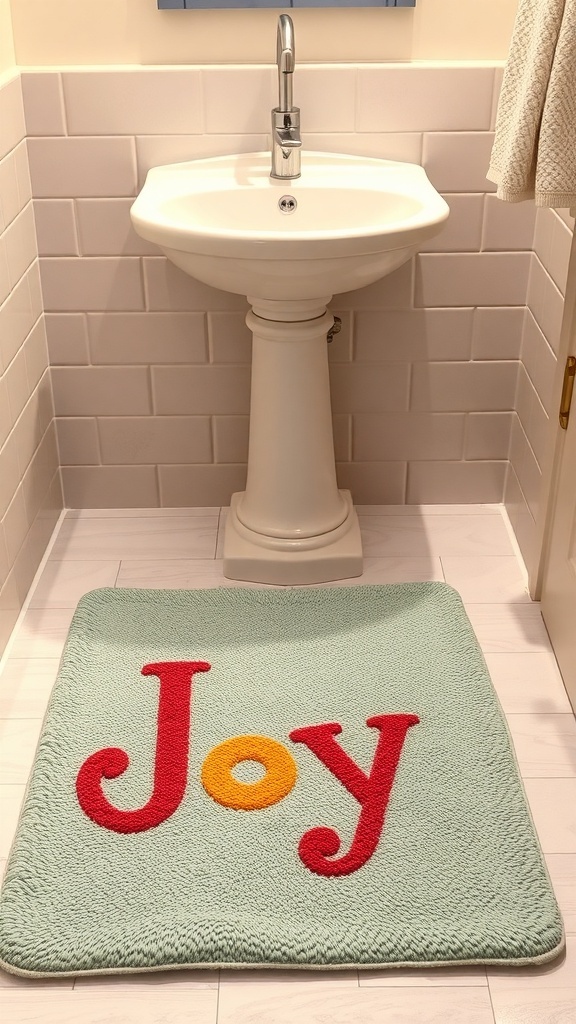 A bathroom rug with the word 'Joy' in colorful letters