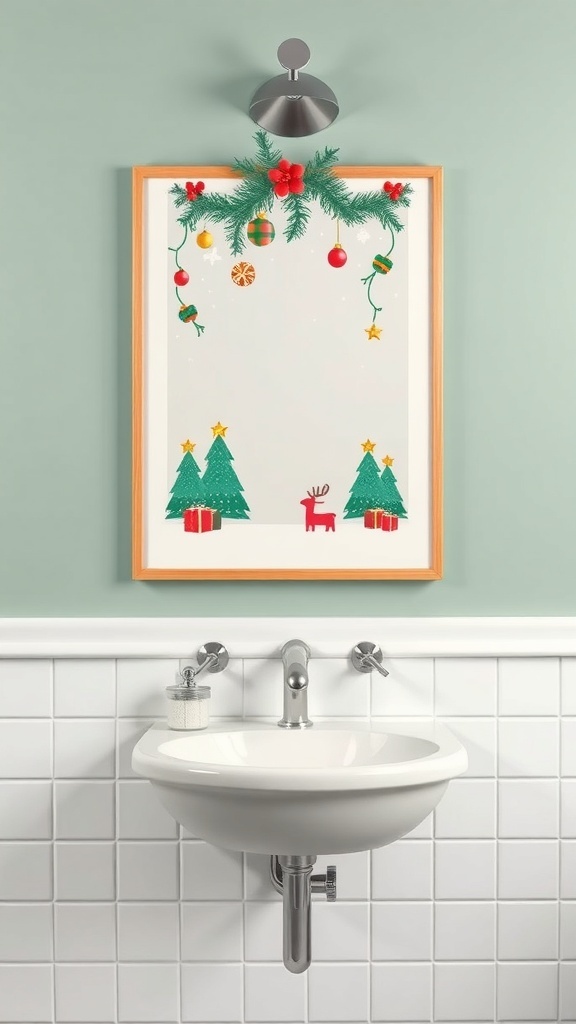 Colorful Christmas-themed wall art in a bathroom featuring trees, ornaments, and a reindeer.