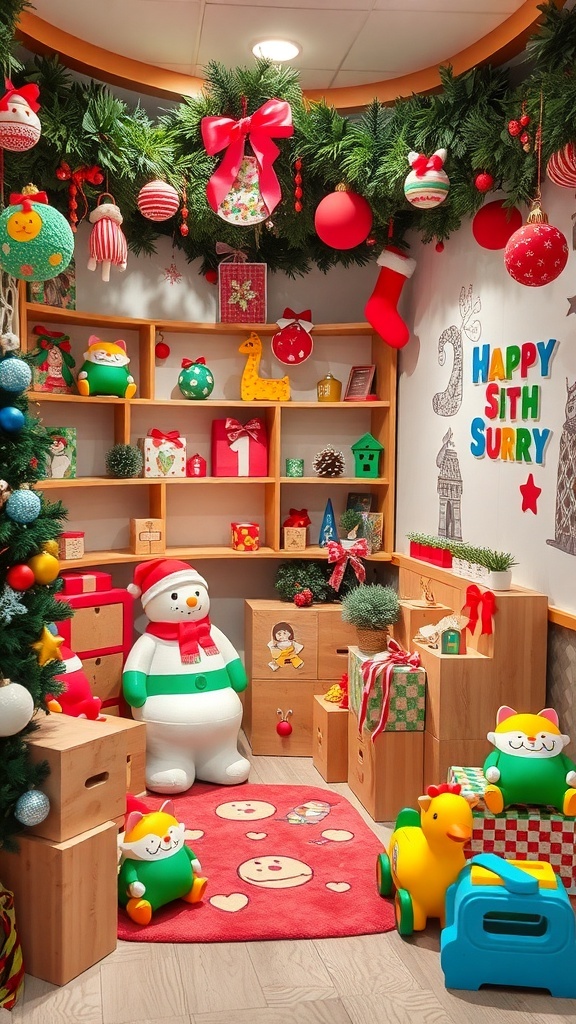 A festive children's corner decorated for Christmas with toys, colorful ornaments, and a cozy atmosphere.