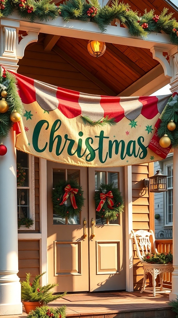 A festive Christmas banner saying 'Merry Christmas' with reindeer, surrounded by holiday decorations.