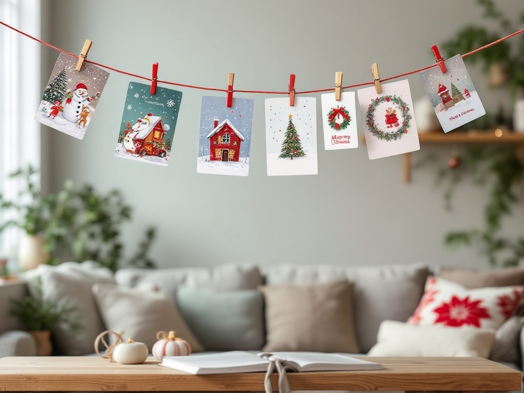 A string of colorful Christmas cards displayed with clothespins in a cozy living room setting.