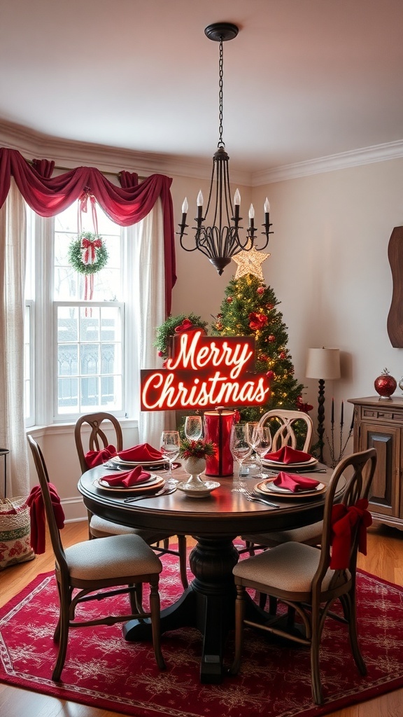 A dining room decorated for Christmas with a 'Merry Christmas' sign, a Christmas tree, and festive table settings.