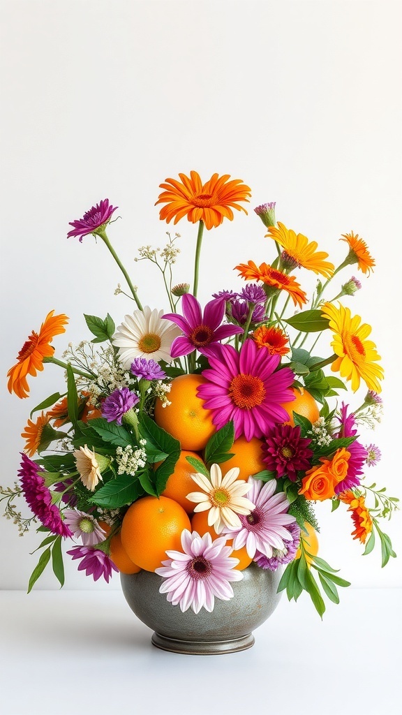 A vibrant floral centerpiece featuring bright flowers and fresh oranges.