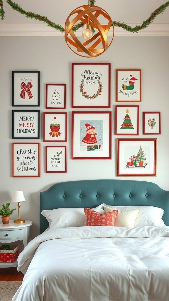 A cozy bedroom with a gallery wall of holiday-themed artwork and prints.