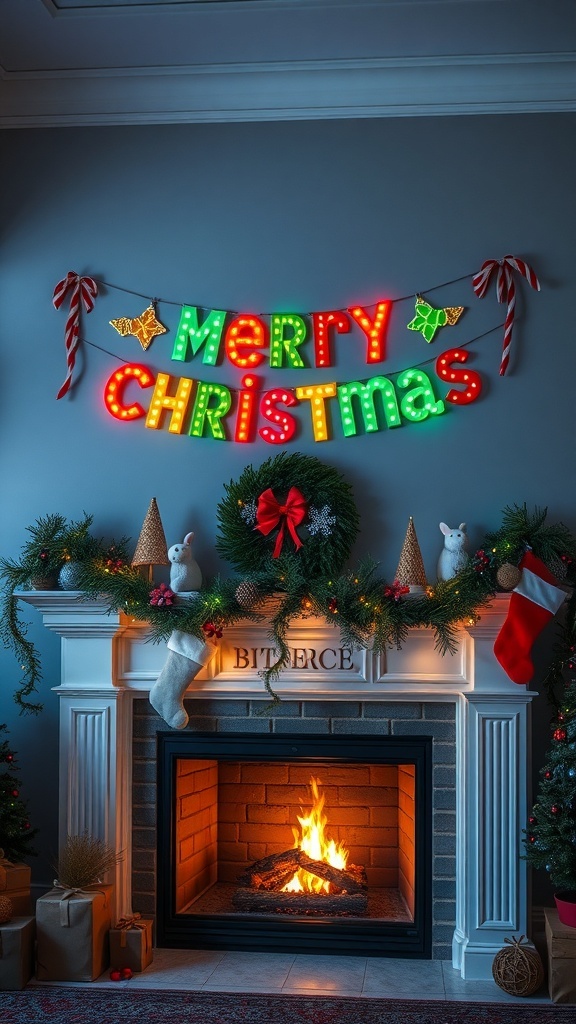 Colorful Christmas banner reading 'Merry Christmas' with festive decorations