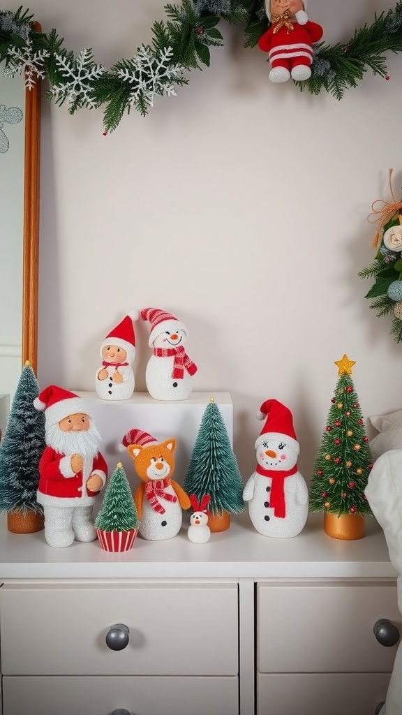 A collection of cheerful holiday figurines including Santa, snowmen, and a cat, surrounded by small Christmas trees.