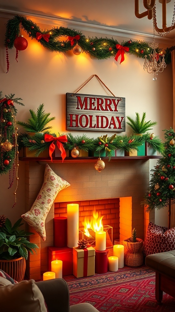 Living room decorated for Christmas with a sign that says Merry Holidays.