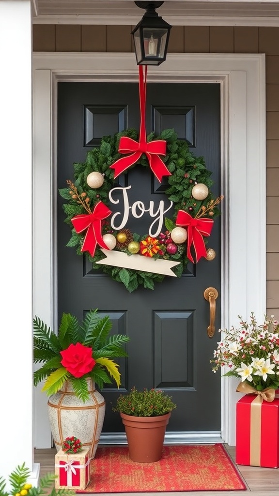A festive winter wreath with red bows and ornaments hanging on a door, surrounded by holiday decorations.