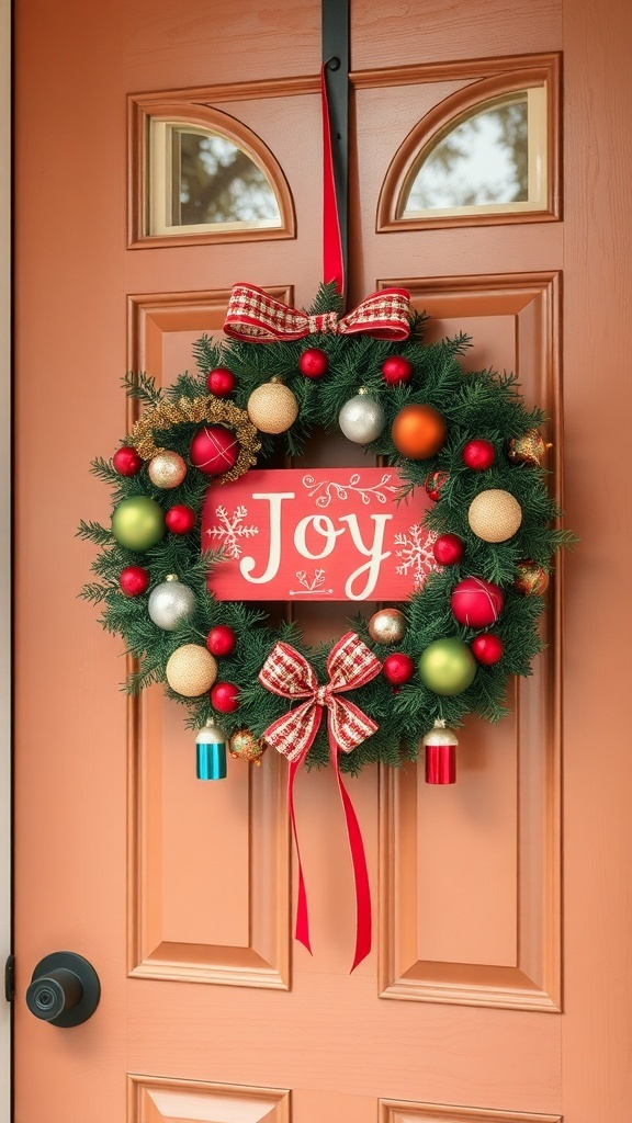 A festive winter wreath with ornaments and a 'Joy' sign hanging on a door.