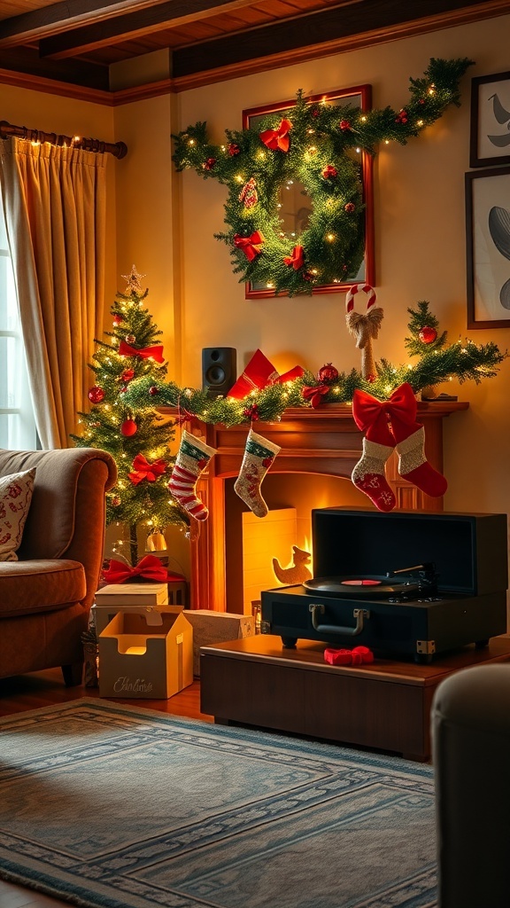 A cozy living room decorated for Christmas with a record player, stockings, and a beautifully adorned tree.