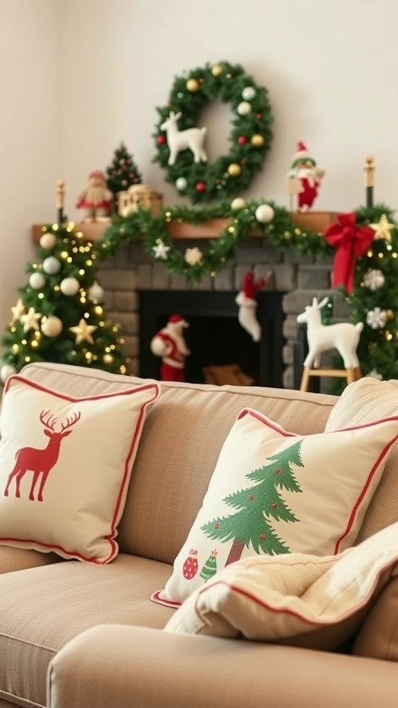 Cozy Christmas-themed pillows on a sofa with festive decorations in the background.