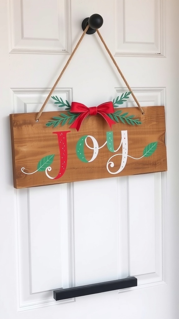A wooden sign with the word 'Joy' decorated with leaves and a red bow, hanging on a door.