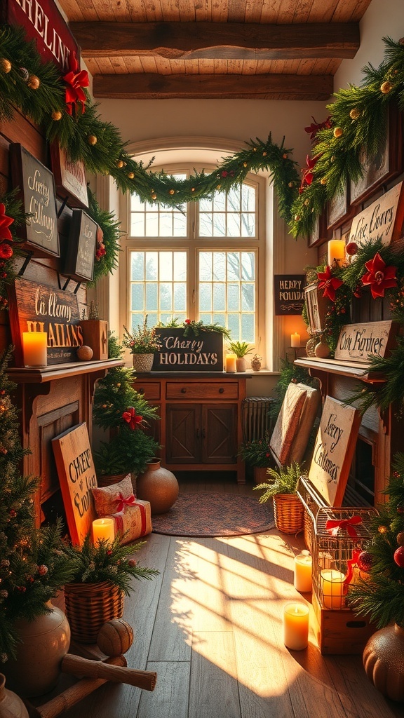 A collection of colorful wooden holiday signs with various festive messages.