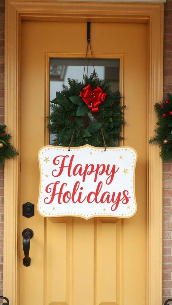 A front door with a yellow background, adorned with a wreath and a sign that says 'Happy Holidays'.