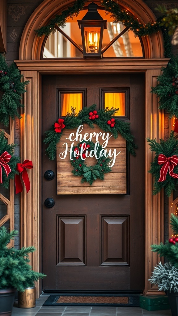 A festive front door decorated with a cheerful holiday sign and a wreath.
