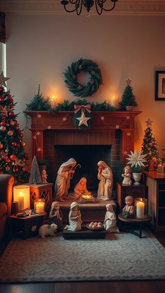 A beautifully arranged nativity scene with candles and Christmas decorations in a living room.