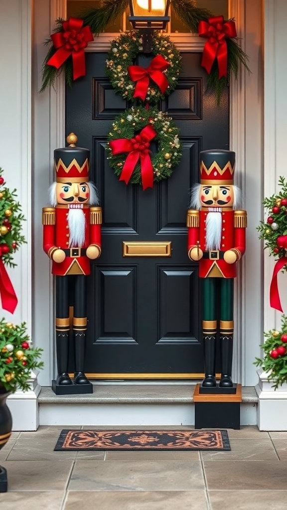 Two nutcracker figures flanking a front door decorated with wreaths and bows.