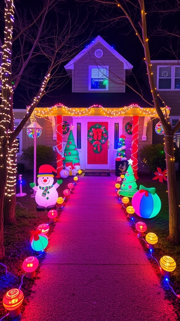 Colorful outdoor Christmas decorations with lights, snowman, and Christmas trees.