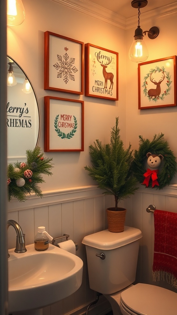 A bathroom decorated with Christmas-themed wall art and garlands.