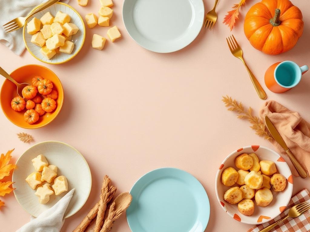 A colorful Thanksgiving table spread with kid-friendly food options including tiny pumpkins, golden rolls, star-shaped cornbread, and bright utensils.