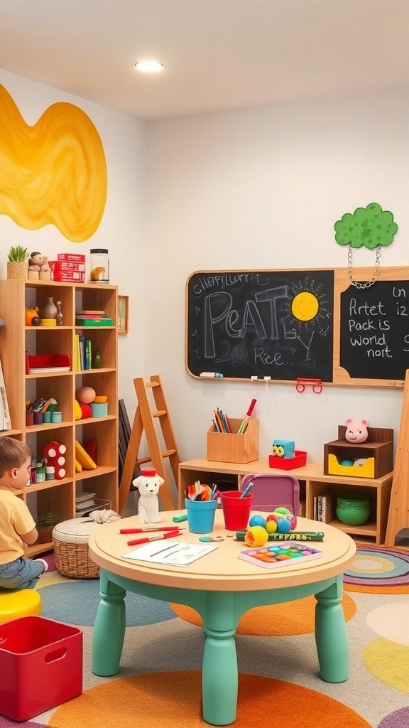 A colorful kids' creative play space with art supplies, a chalkboard, and playful furniture.