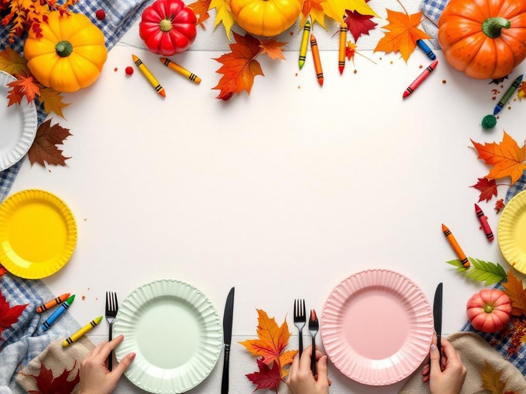 A festive kids' table for Thanksgiving with colorful plates, pumpkins, leaves, and crayons.