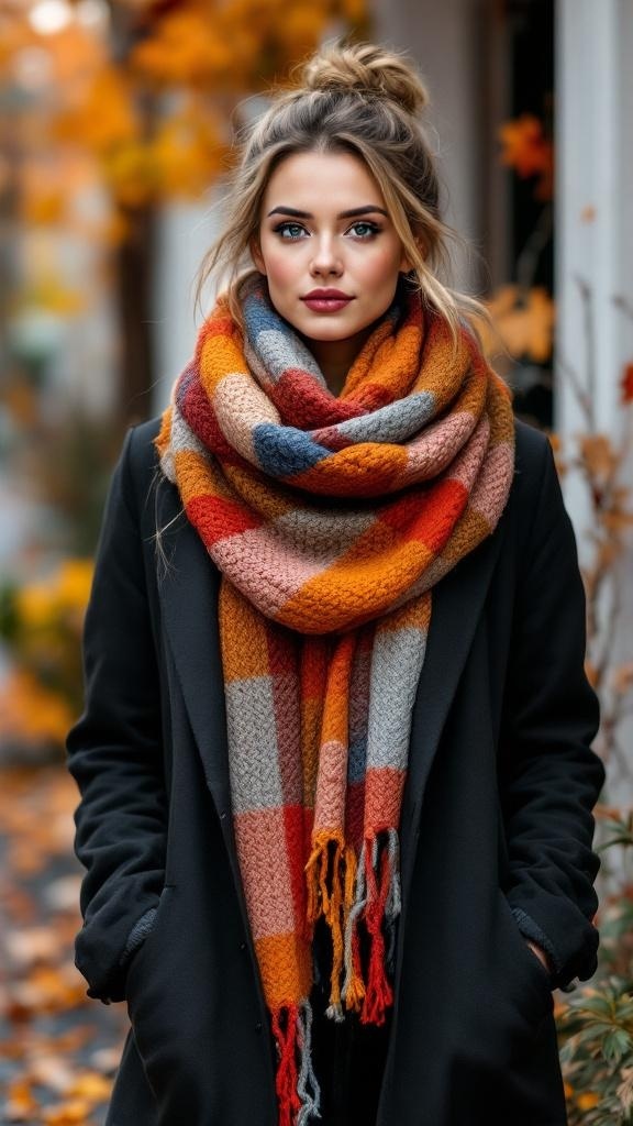 A woman wearing a colorful knit scarf and a black coat, surrounded by autumn leaves.
