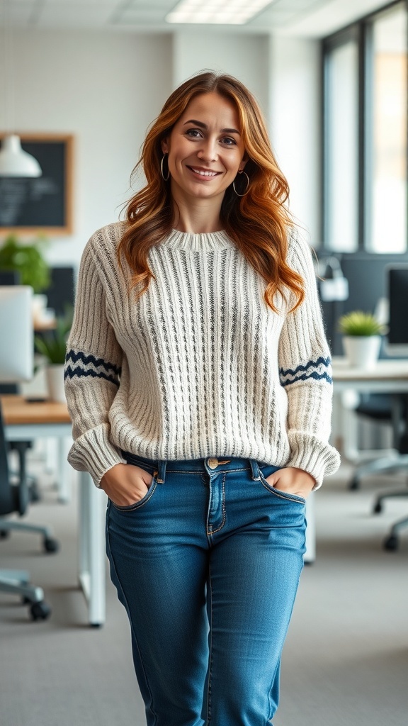 A woman smiling while wearing a cozy knit sweater and flared jeans in an office setting.