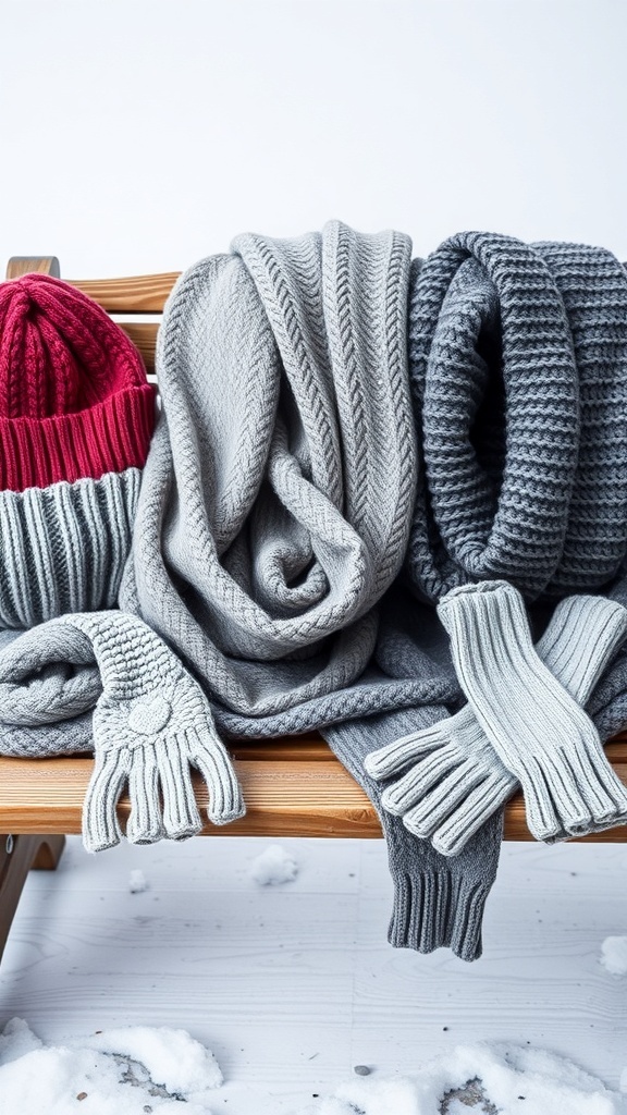 A display of knitted accessories including scarves, gloves, and hats in cozy winter colors.