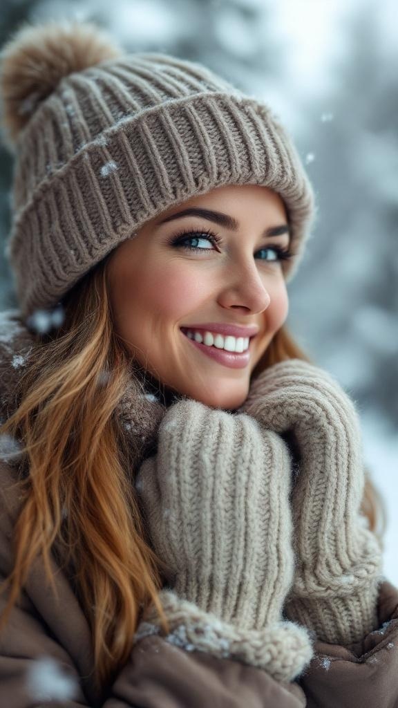 A woman smiling while wearing a knitted beanie and warm gloves in a snowy setting.