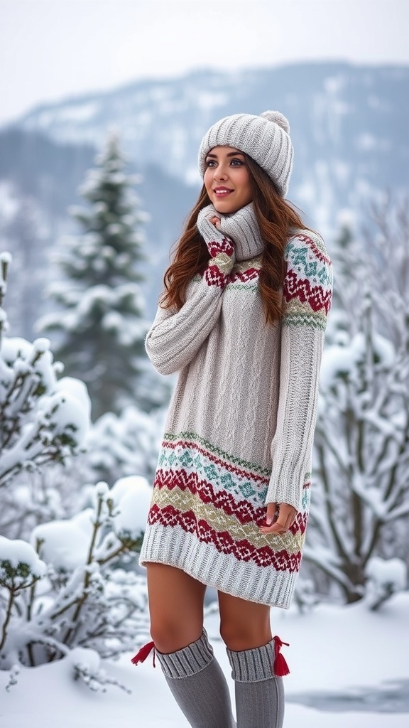 A cozy knitted dress with knee-high socks, set in a snowy outdoor scene.