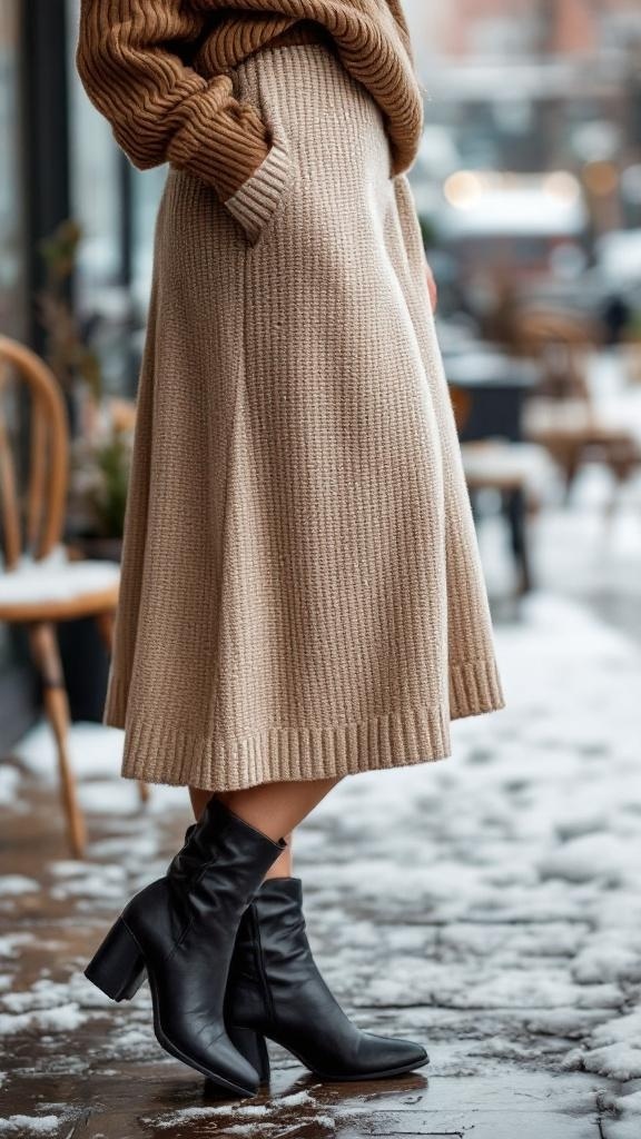 A close-up of a knitted midi skirt paired with black ankle boots, set against a snowy backdrop.