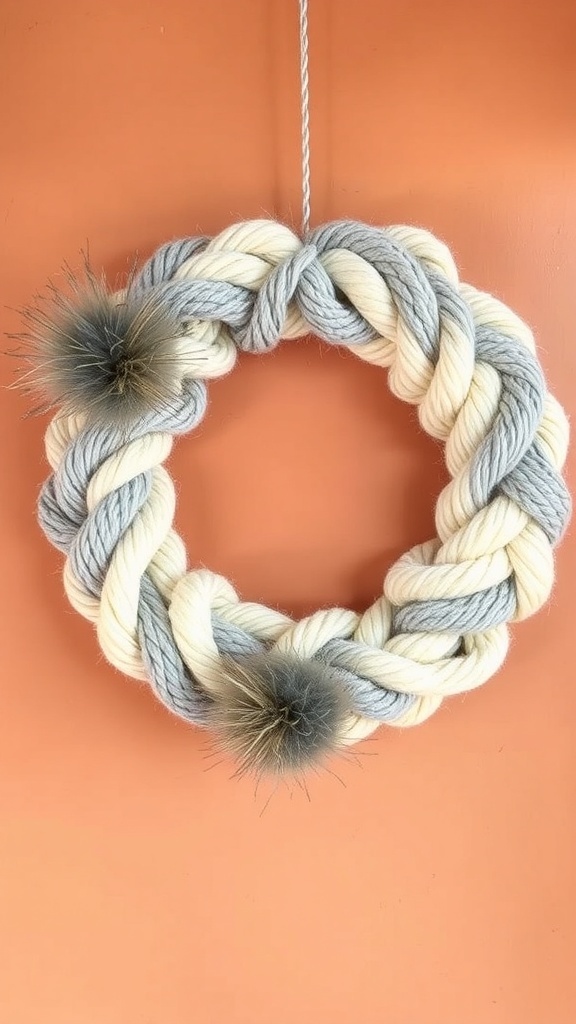 A knitted yarn wreath featuring braided cream and gray yarn with decorative pom-poms.