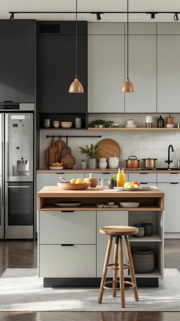 A modern kitchen featuring an L-shaped island with a wooden top and bar stools.