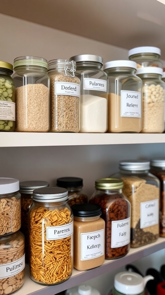 Organized kitchen storage with labeled jars and containers.
