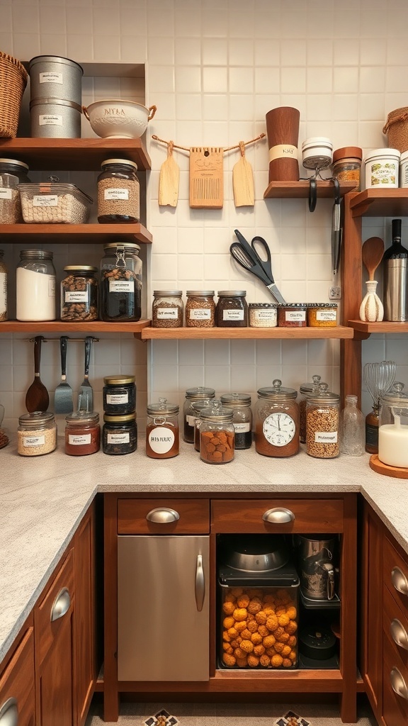 Organized kitchen shelves with labeled jars and containers.